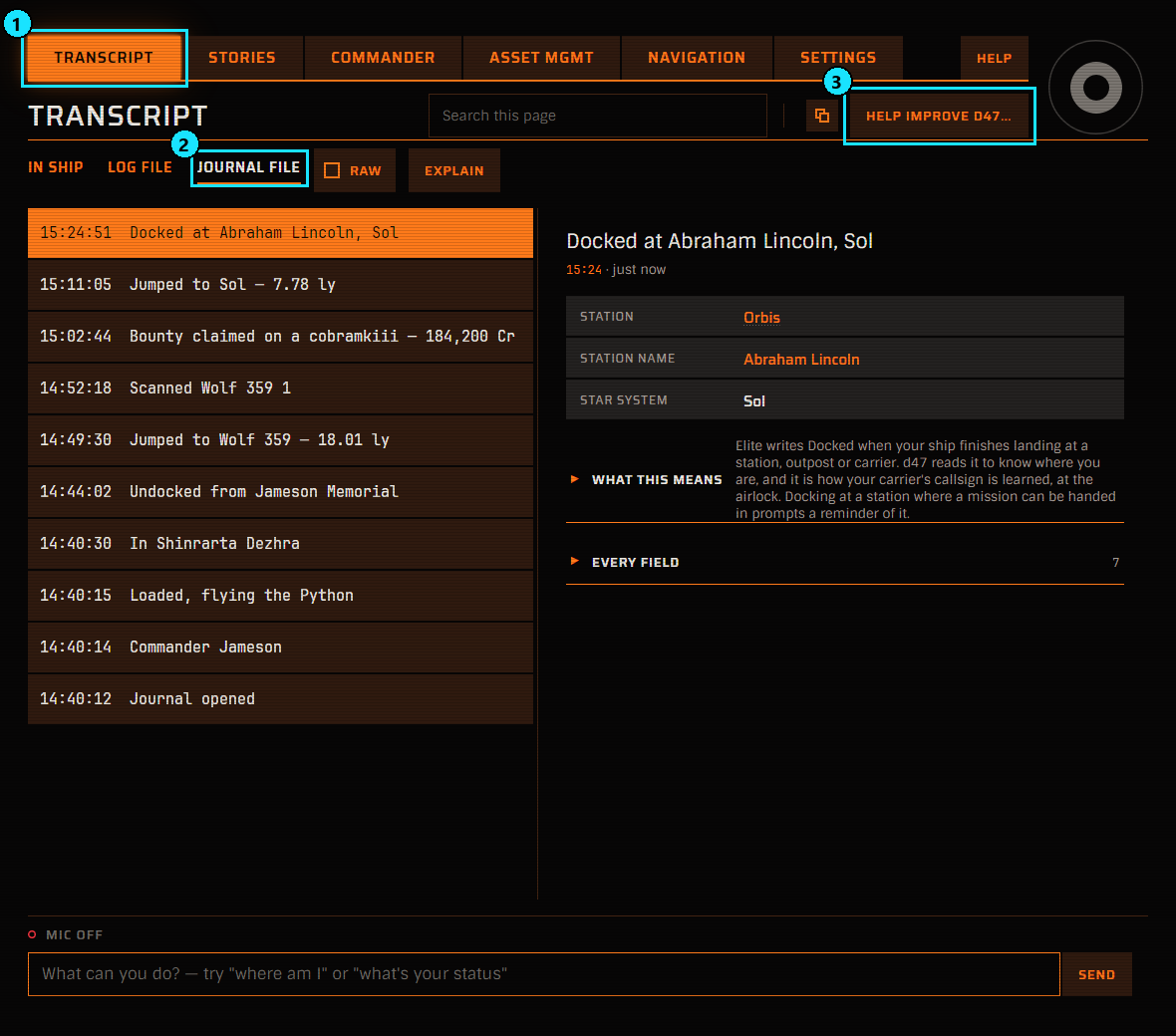 The Transcript tab on the Journal File reading, with the Transcript tab, Journal File and Help improve D47 boxed