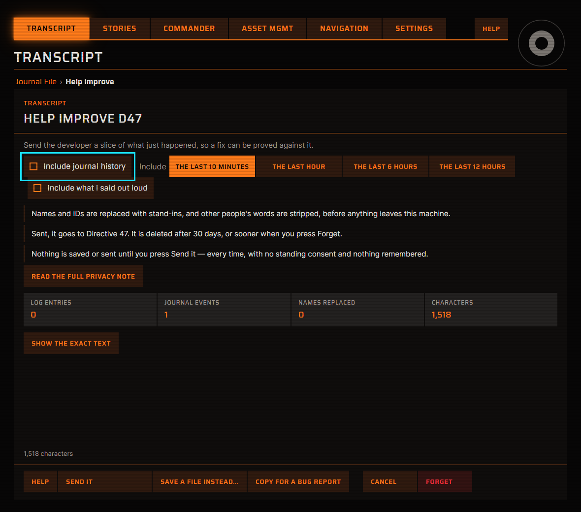 The Help improve D47 page with the Include journal history checkbox boxed